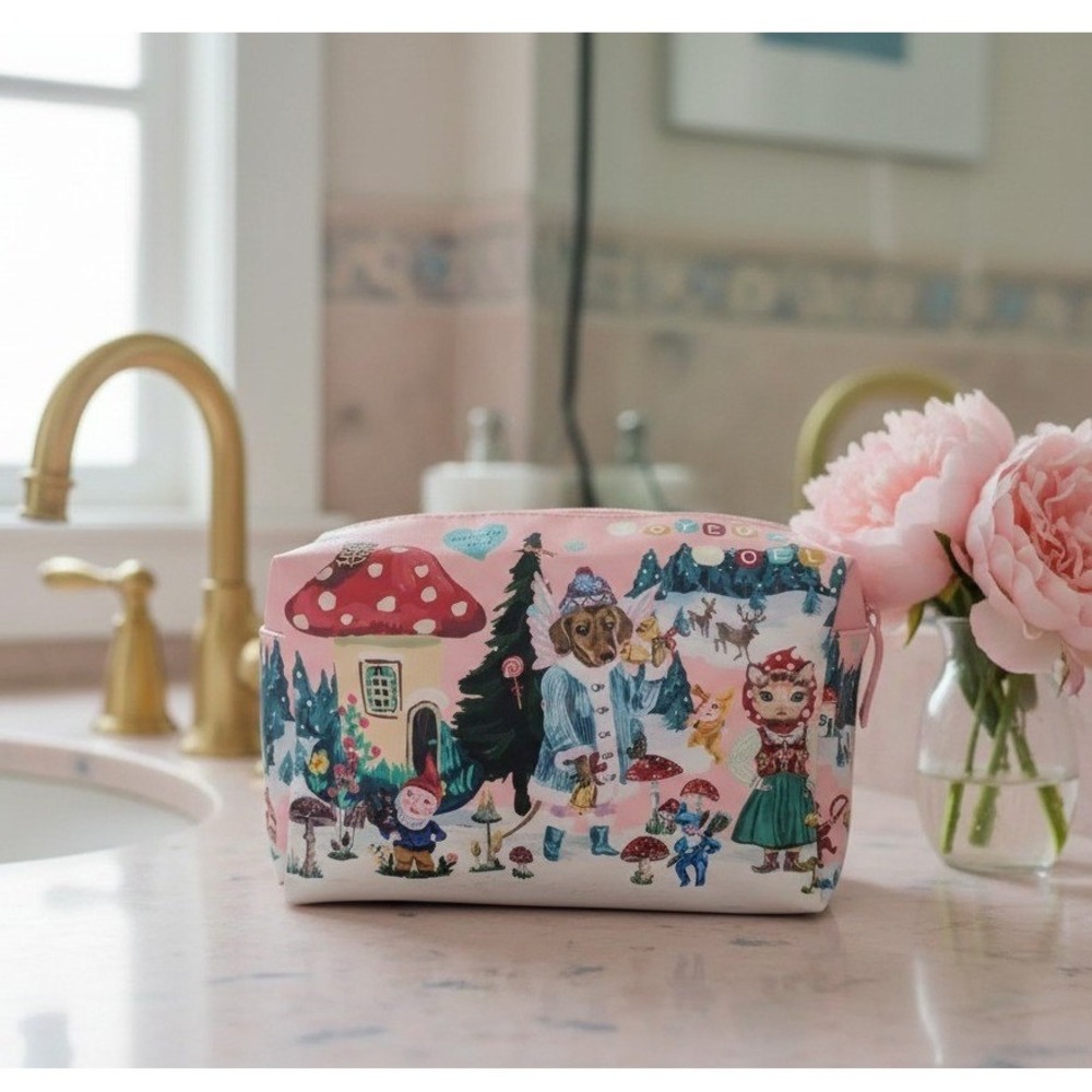 Nathalie Lete Joyeux Noel Travel Wash Bag Pink Toiletry Case OS Whimsical Gnome